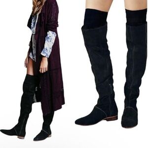 Free People Grandeur Black Suede Over The Knee Boots Size 39